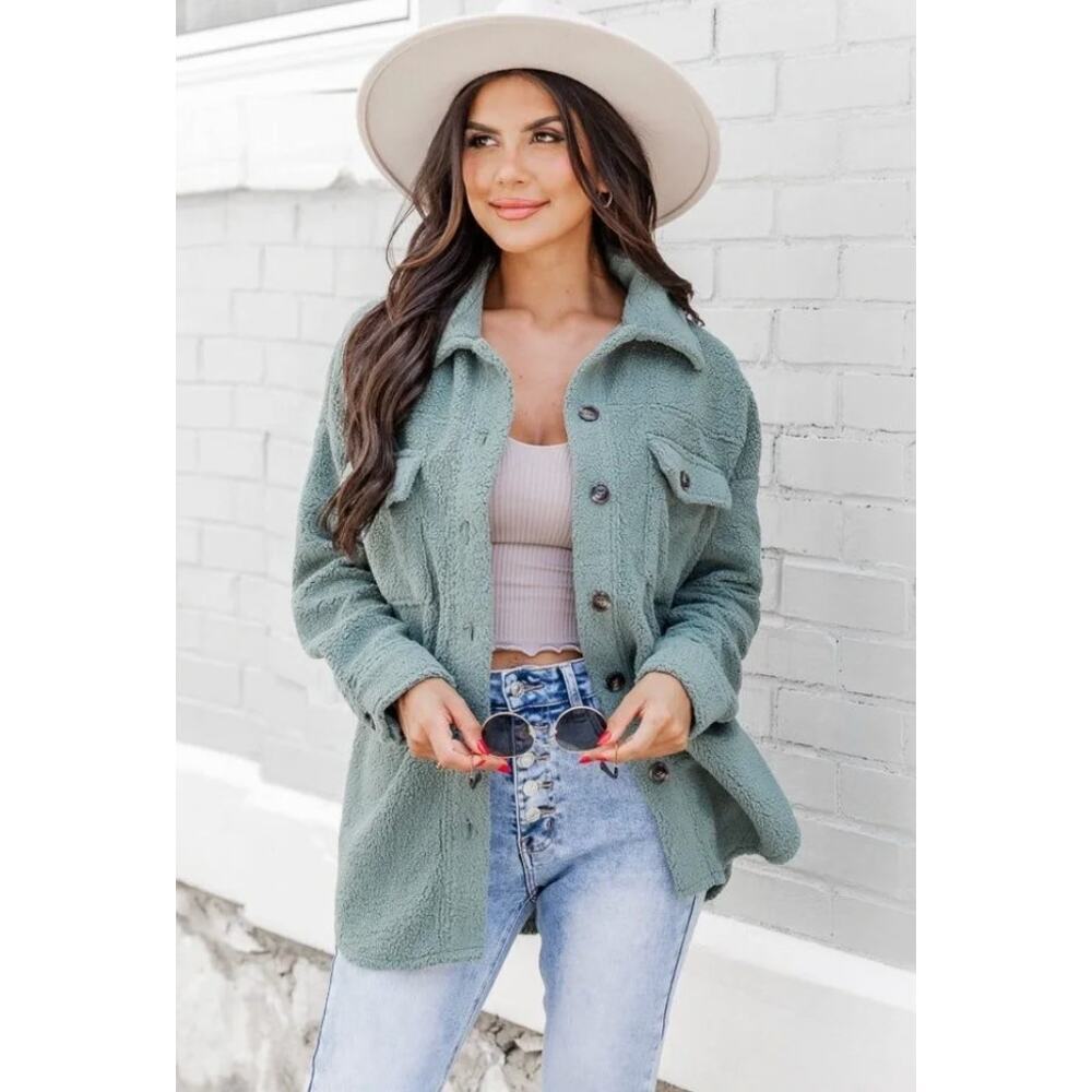 Pink Lily Sherpa Shirt Jacket Shacket Sage Green Teddy Button Front Size Medium